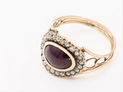 Antique Victorian Cabochon Garnet and Pearl Gold Ring, Circa 1880