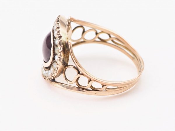 Antique Victorian Cabochon Garnet and Pearl Gold Ring, Circa 1880