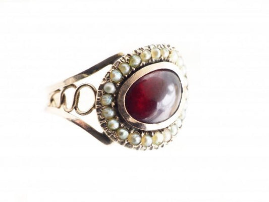Antique Victorian Cabochon Garnet and Pearl Gold Ring, Circa 1880