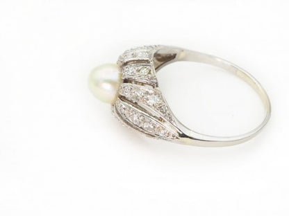 Vintage Art Deco Pearl and Diamond Cocktail Ring, Platinum