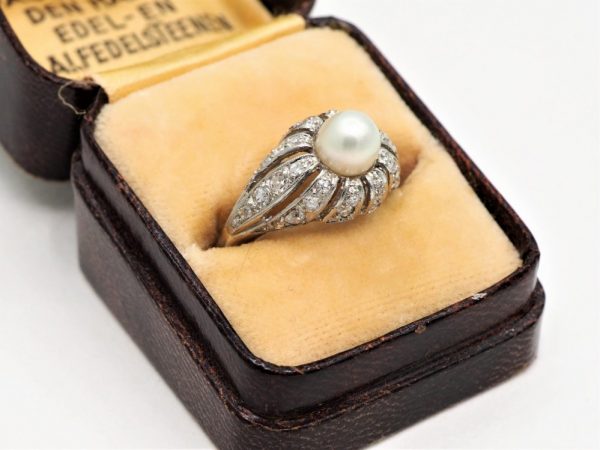 Vintage Art Deco Pearl and Diamond Cocktail Ring, Platinum