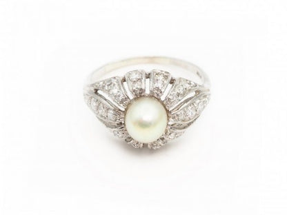 Vintage Art Deco Pearl and Diamond Cocktail Ring, Platinum