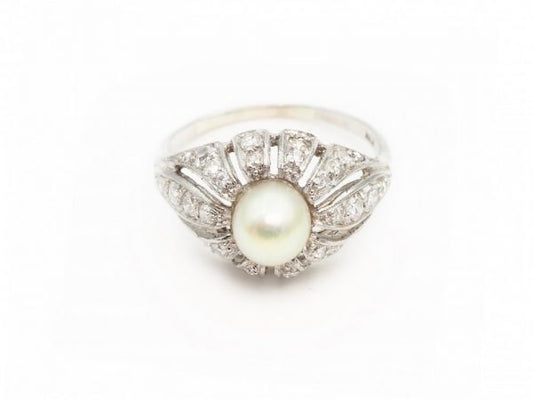 Vintage Art Deco Pearl and Diamond Cocktail Ring, Platinum
