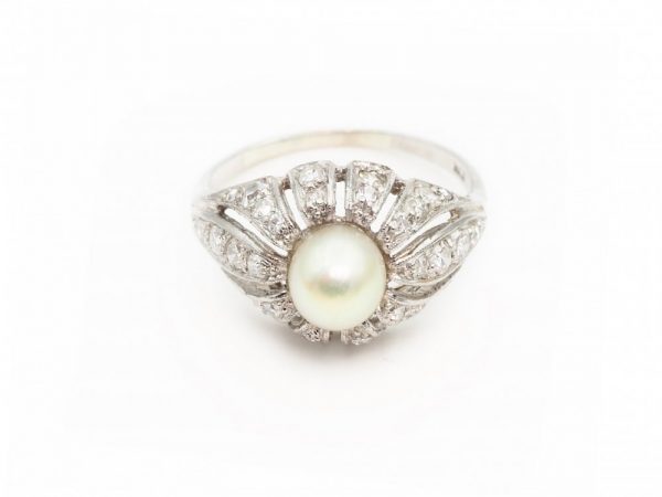 Vintage Art Deco Pearl and Diamond Cocktail Ring, Platinum