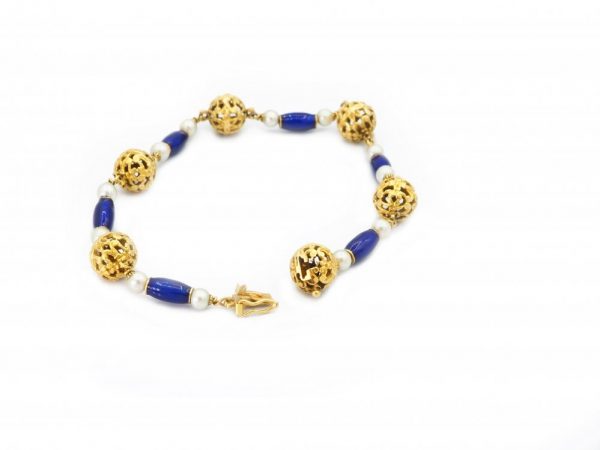 Antique Edwardian Blue Enamel and Pearl Gold Bracelet