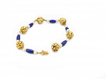 Antique Edwardian Blue Enamel and Pearl Gold Bracelet