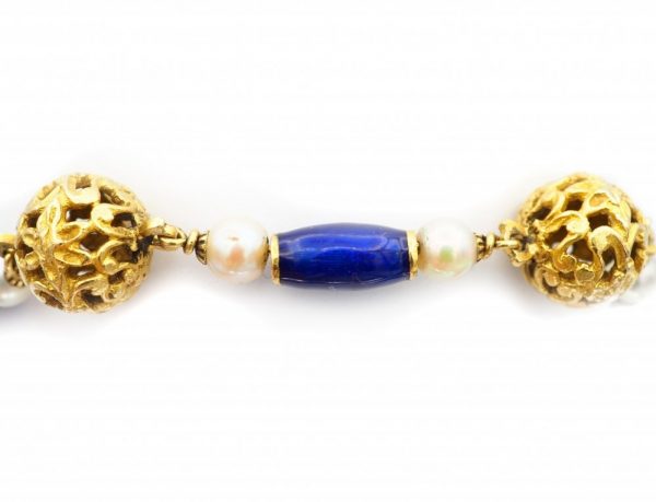 Antique Edwardian Blue Enamel and Pearl Gold Bracelet