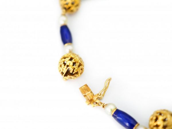 Antique Edwardian Blue Enamel and Pearl Gold Bracelet