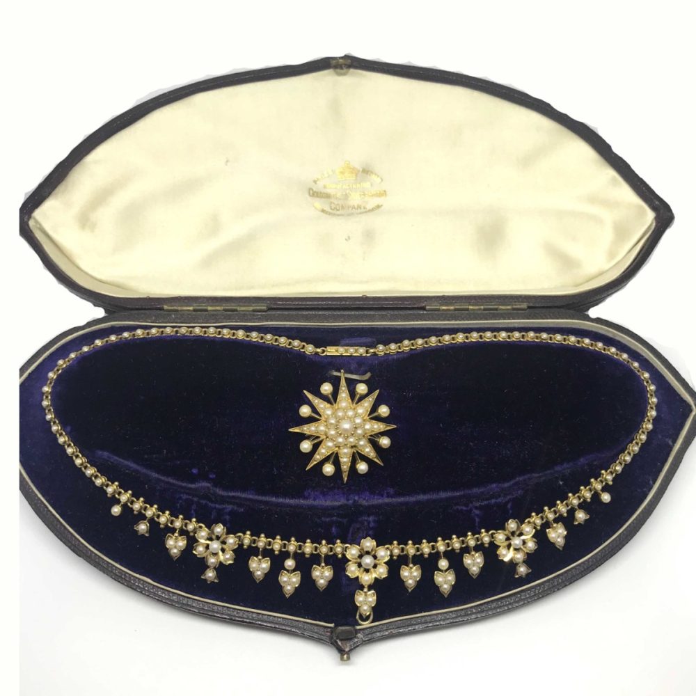 Antique Victorian Edwardian Seed Pearl Necklace & Brooch