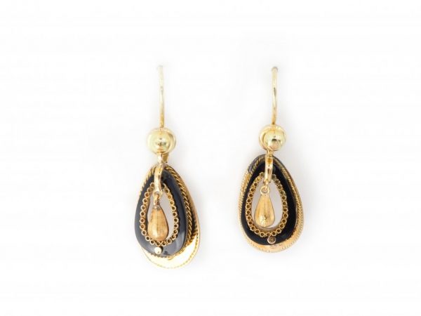 Antique Victorian Dutch Black Enamel Gold Drop Earrings