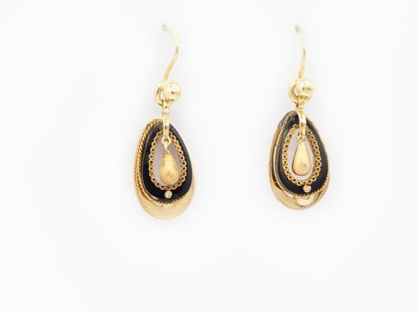 Antique Victorian Dutch Black Enamel Gold Drop Earrings