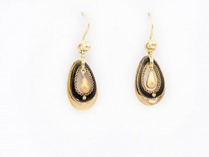 Antique Victorian Dutch Black Enamel Gold Drop Earrings
