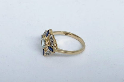 Art Deco Style Blue Topaz, Sapphire and Diamond Cluster Ring