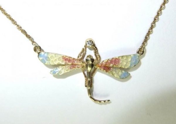 Diamond set enamel dragonfly pendant