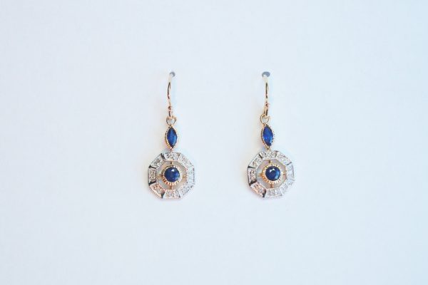 Art Deco Style Sapphire and Brilliant Cut Diamond Drop Earrings