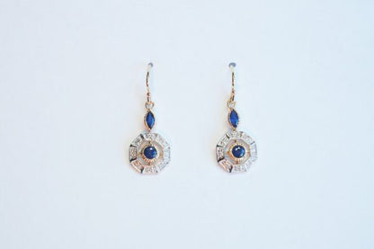 Art Deco Style Sapphire and Brilliant Cut Diamond Drop Earrings