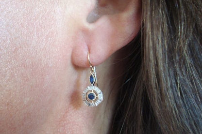 Art Deco Style Sapphire and Brilliant Cut Diamond Drop Earrings