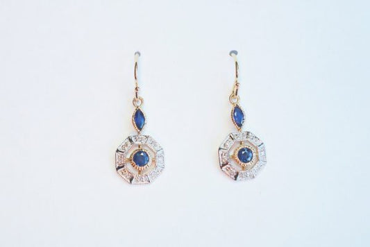 Art Deco Style Sapphire and Brilliant Cut Diamond Drop Earrings