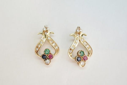 Art Nouveau Style Ruby, Sapphire, Emerald and Diamond Yellow Gold Earrings