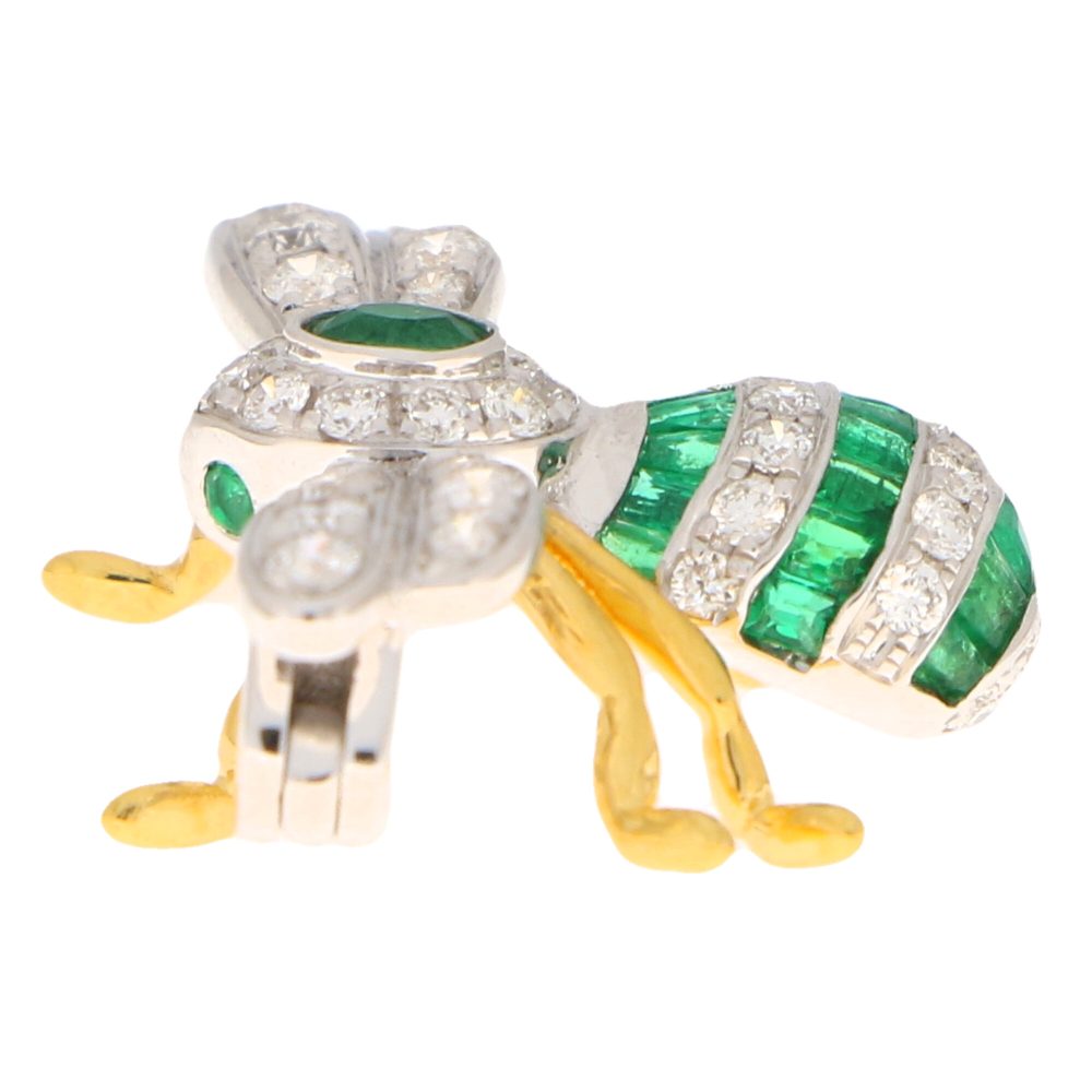 Contemporary Emerald and Diamond Bee Brooch in 18ct white and yellow gold