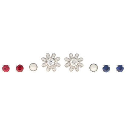Interchangeable Ruby Sapphire Diamond Pearl Stud Earrings with Removeable Floral Surrounds; four individual pairs of stud earrings including ruby, sapphire, diamond and cultured pearl, with removeable floral jackets
