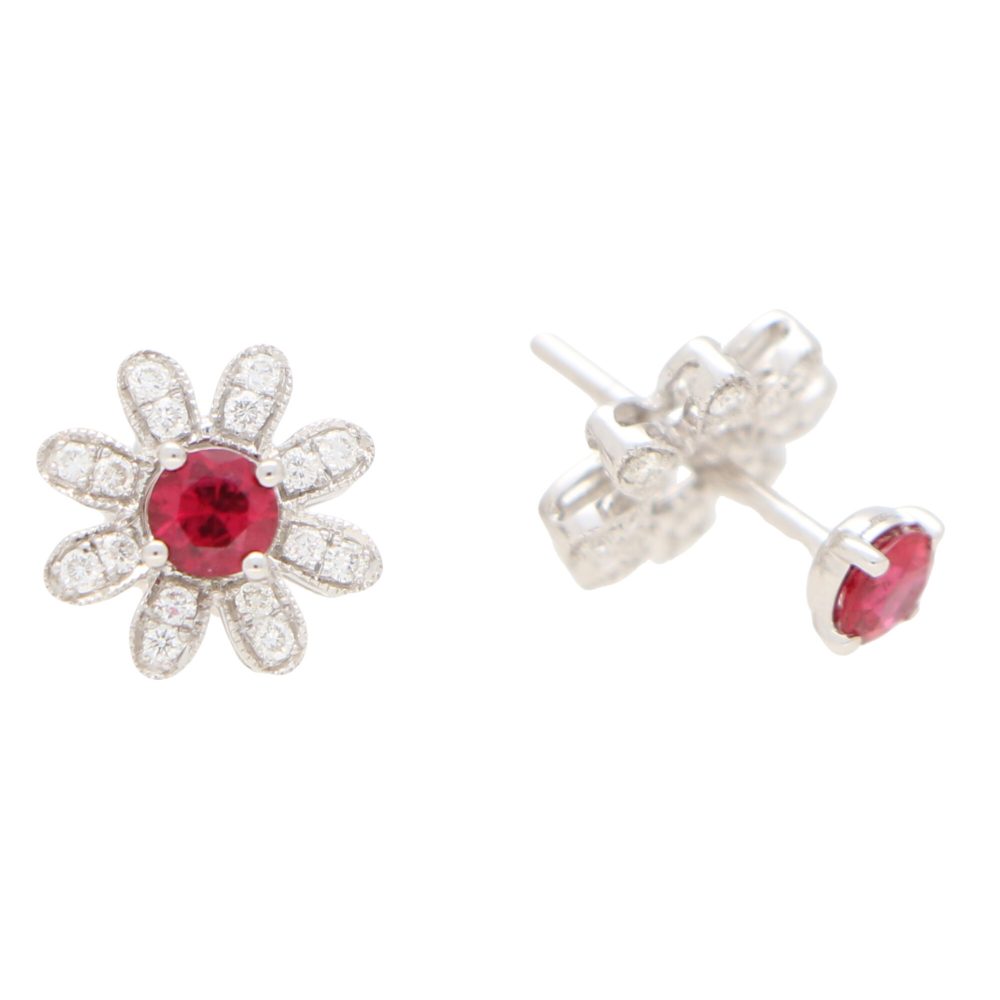 Interchangeable Ruby Sapphire Diamond Pearl Stud Earrings with Removeable Floral Surrounds