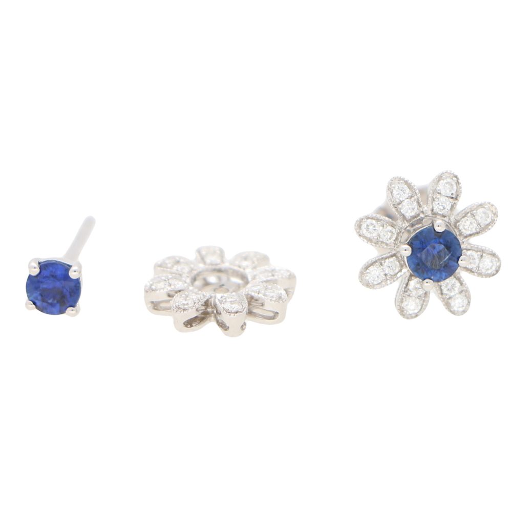 Interchangeable Ruby Sapphire Diamond Pearl Stud Earrings with Removeable Floral Surrounds