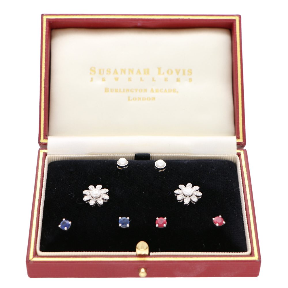 Interchangeable Ruby Sapphire Diamond Pearl Stud Earrings with Removeable Floral Surrounds