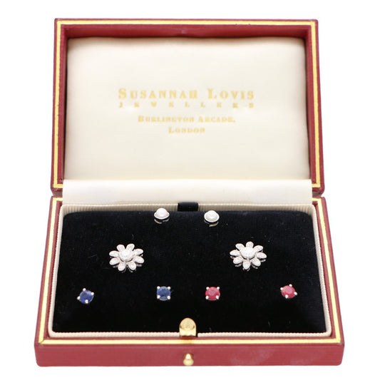 Interchangeable Ruby Sapphire Diamond Pearl Stud Earrings with Removeable Floral Surrounds