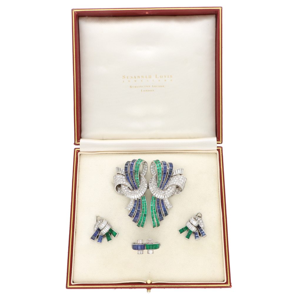 Rare Vintage Art Deco Drayson Emerald, Sapphire And Diamond Suite In Platinum