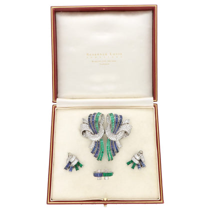 Rare Vintage Art Deco Drayson Emerald, Sapphire And Diamond Suite In Platinum