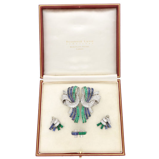 Rare Vintage Art Deco Drayson Emerald, Sapphire And Diamond Suite In Platinum