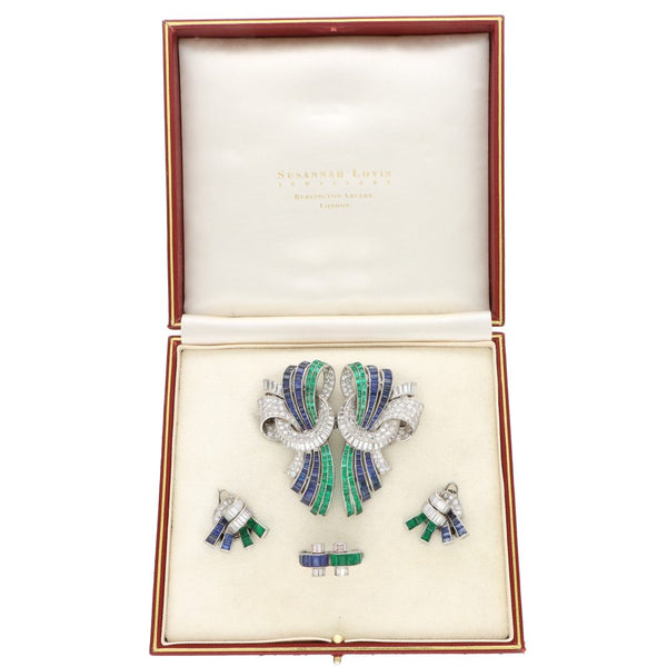 Rare Vintage Art Deco Drayson Emerald, Sapphire And Diamond Suite In Platinum