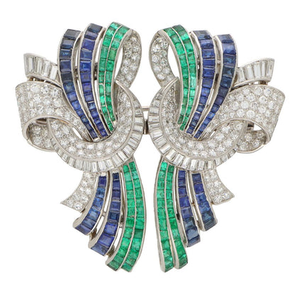 Art Deco Drayson emerald, sapphire and diamond suite set in platinum.