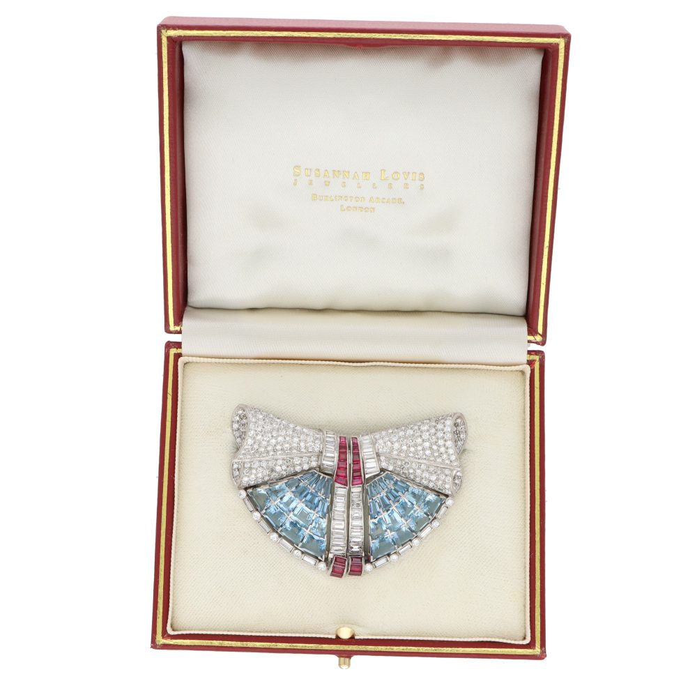 Art Deco Aquamarine, Ruby and Diamond Double Clip Platinum Brooch