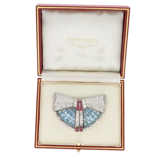 Art Deco Aquamarine, Ruby and Diamond Double Clip Platinum Brooch