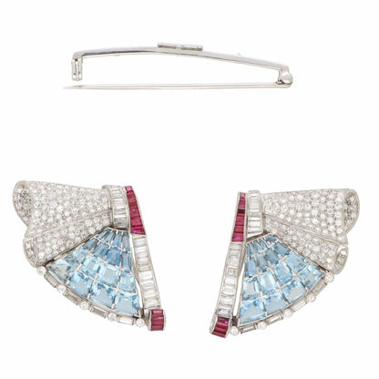 Art Deco Aquamarine, Ruby and Diamond Double Clip Platinum Brooch