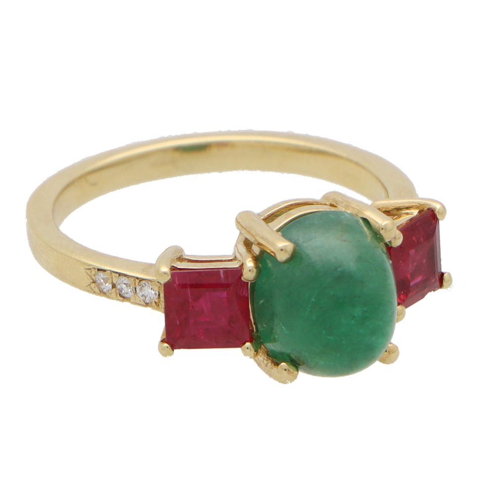 Vintage Emerald Ruby and Diamond Three Stone Ring