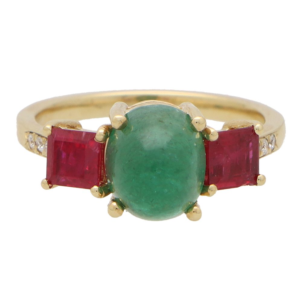 Vintage Emerald Ruby and Diamond Three Stone Ring