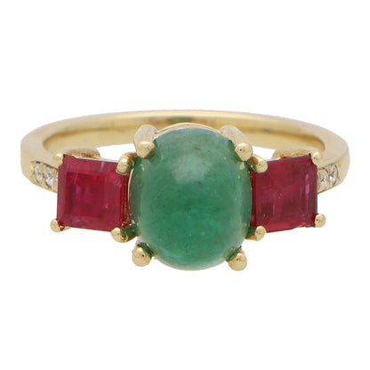 Vintage Emerald Ruby and Diamond Three Stone Ring