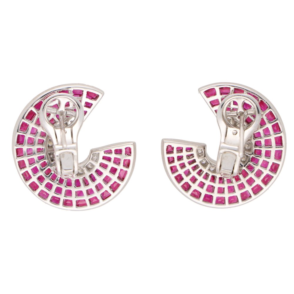 Art Deco Style Ruby and Diamond Swirl Earrings