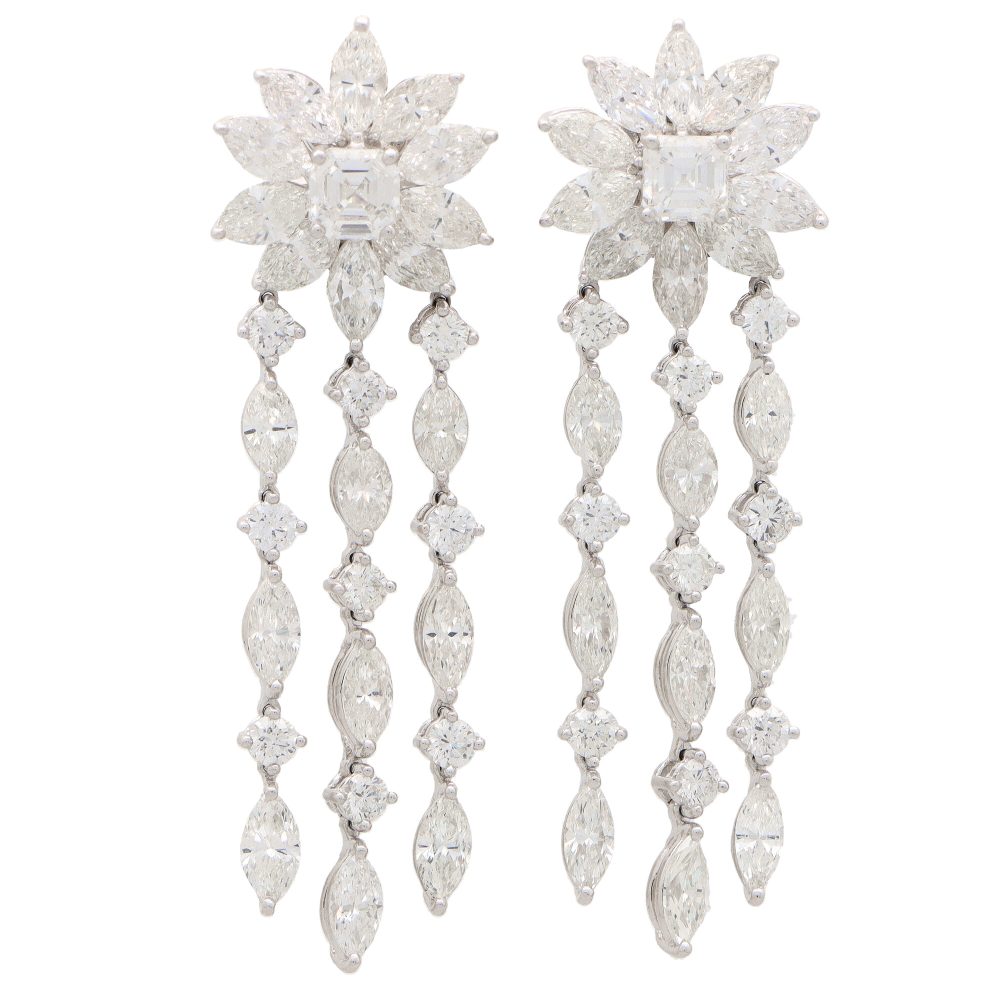 Asscher and Marquise Cut Floral Cluster Diamond Drop Earrings 11 carats