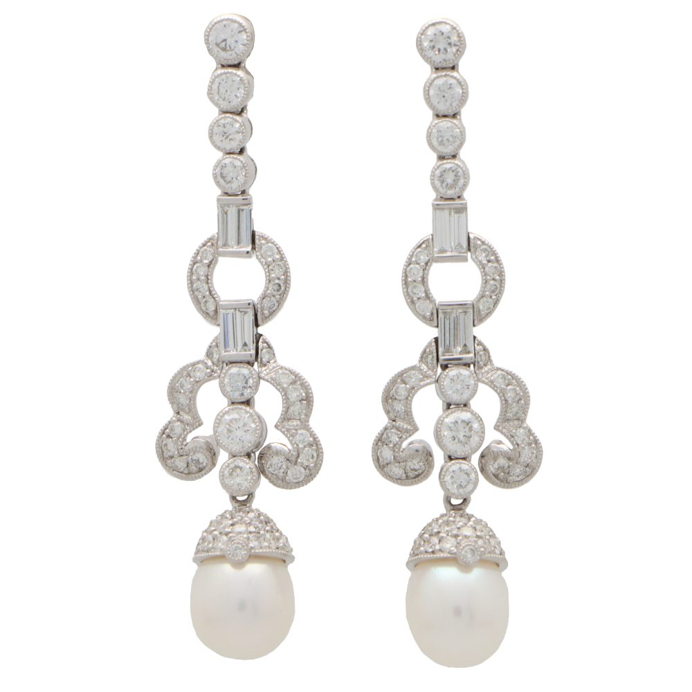 Art Deco Style Pearl and Diamond Drop Earrings
