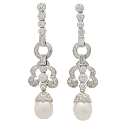 Art Deco Style Pearl and Diamond Drop Earrings