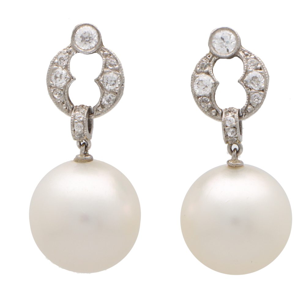 Art Deco South Sea Pearl and Old Cut Diamond Drop Earrings