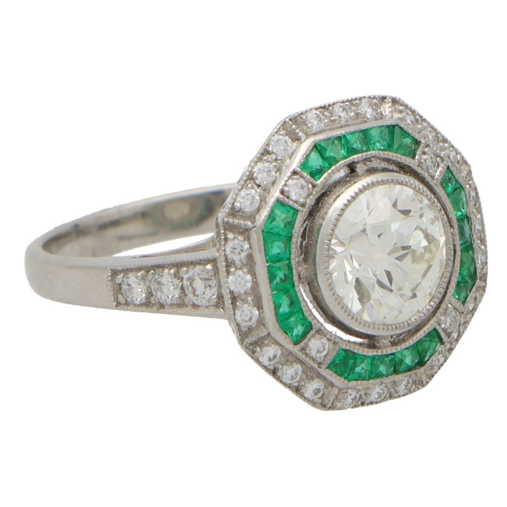 Art Deco Style 1.22ct Diamond and Emerald Double Target Cluster Ring in Platinum