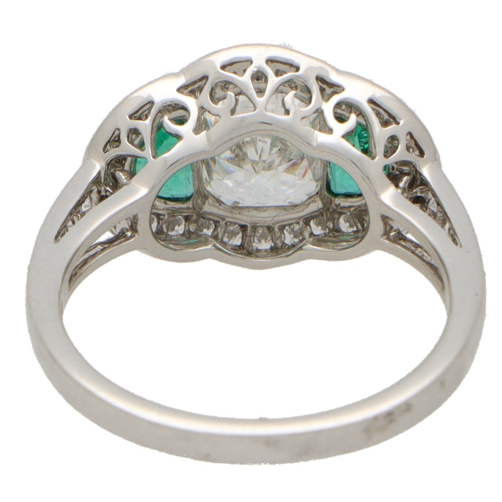 1.6ct Oval Diamond and Emerald Three Stone Halo Cluster Ring in Platinum