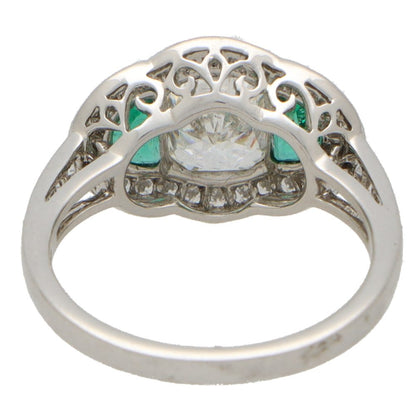 1.6ct Oval Diamond and Emerald Three Stone Halo Cluster Ring in Platinum