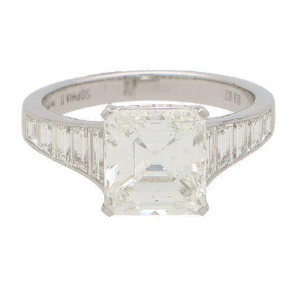 3.02ct Square Princess Cut Diamond Solitaire Engagement Ring with Baguette Shoulders