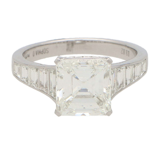 3.02ct Square Princess Cut Diamond Solitaire Engagement Ring with Baguette Shoulders